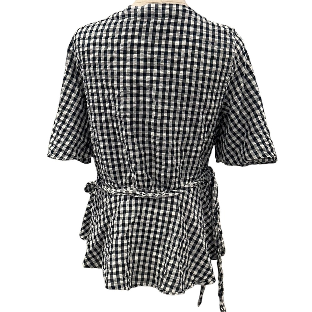 LOFT Womens Navy Gingham Check Wrap Top Short Flutter Sleeve Cotton Size L - Picture 6 of 6